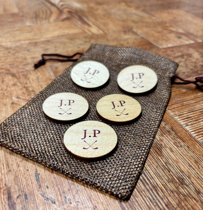 Personalised Intials Wooden Golf Ball Markers Set of Five In Jute Gift Bag