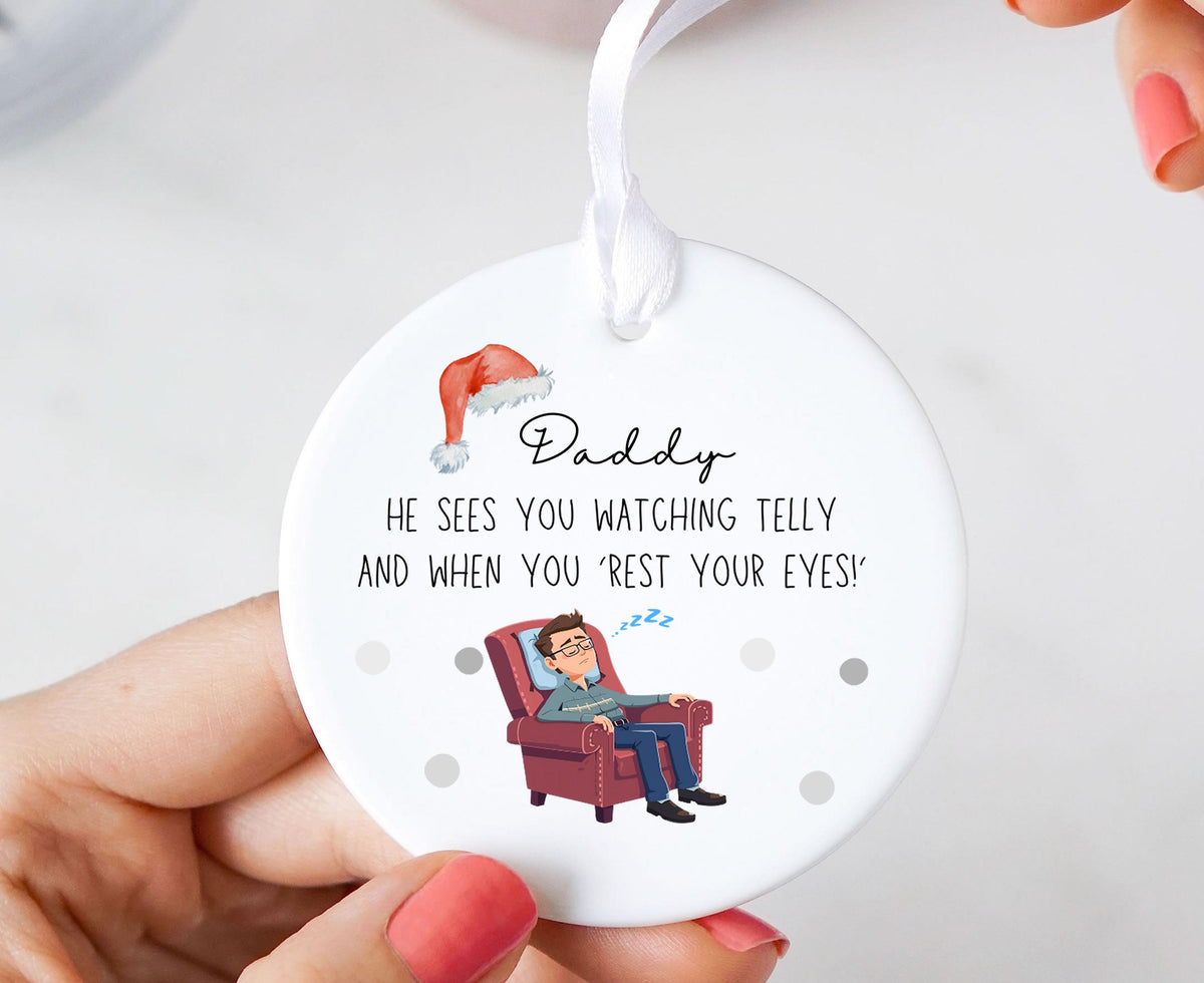Personalised “He Sees You Watching Telly” Ceramic Christmas Ornament