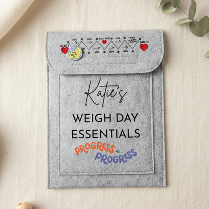 A gray felt weight loss tracker pouch with a personalized design reading 'Katie's WEIGH DAY ESSENTIALS' and 'PROGRESS is PROGRESS' in orange and blue, shown on a white desk with a keyboard and binder clip nearby.