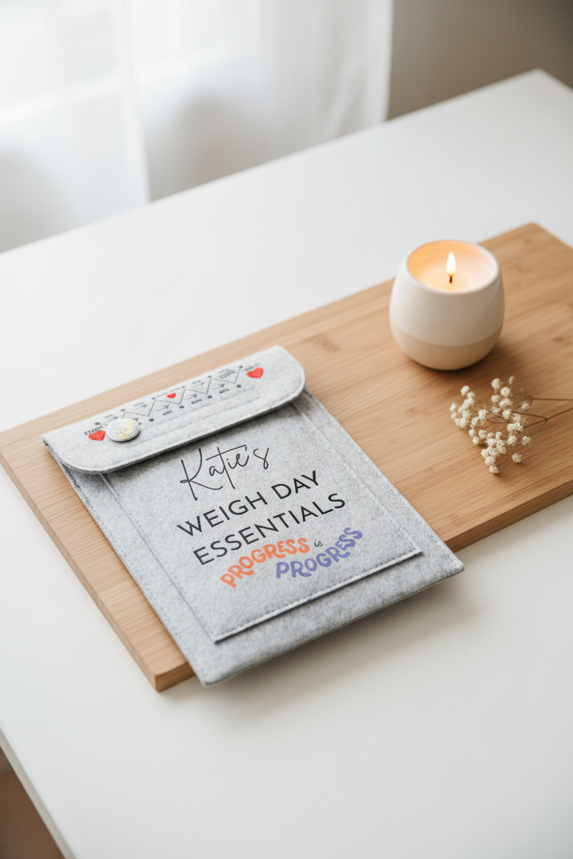 A gray felt weight loss tracker pouch with a personalized design reading 'Katie's WEIGH DAY ESSENTIALS' and 'PROGRESS is PROGRESS' in orange and blue, shown on a white desk with a keyboard and binder clip nearby.