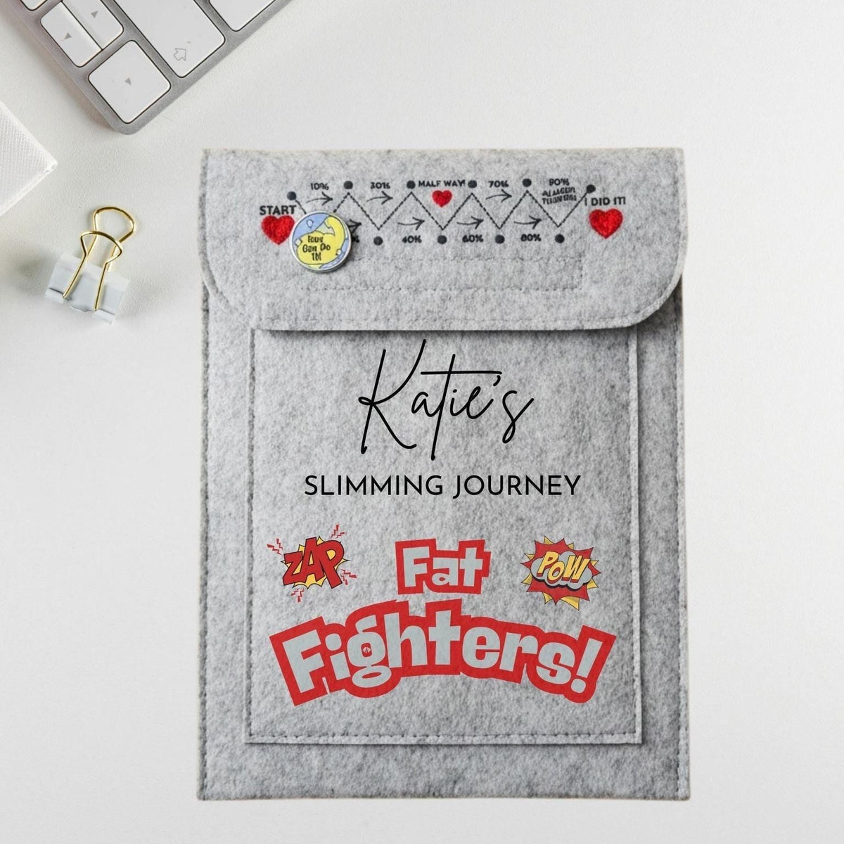 A personalized gray felt sleeve or pouch with a flap closure, printed with the text 'Katie's Slimming Journey' and 'Fat Fighters!' in red and black. The top of the flap includes a small fitness progress chart with hearts and a round pin.