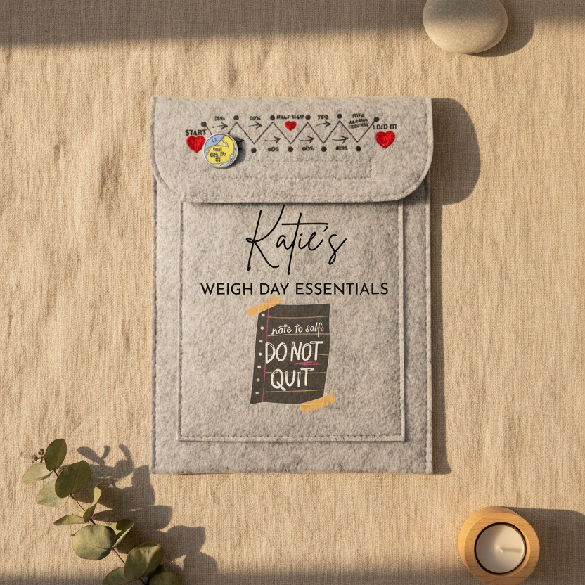 A gray felt pouch labeled 'Katie's WEIGH DAY ESSENTIALS' with a flap closure, printed weight-chart graphics, and a pocket reading 'write to self DO NOT QUIT', shown on a white desk with a keyboard corner and binder clip nearby.