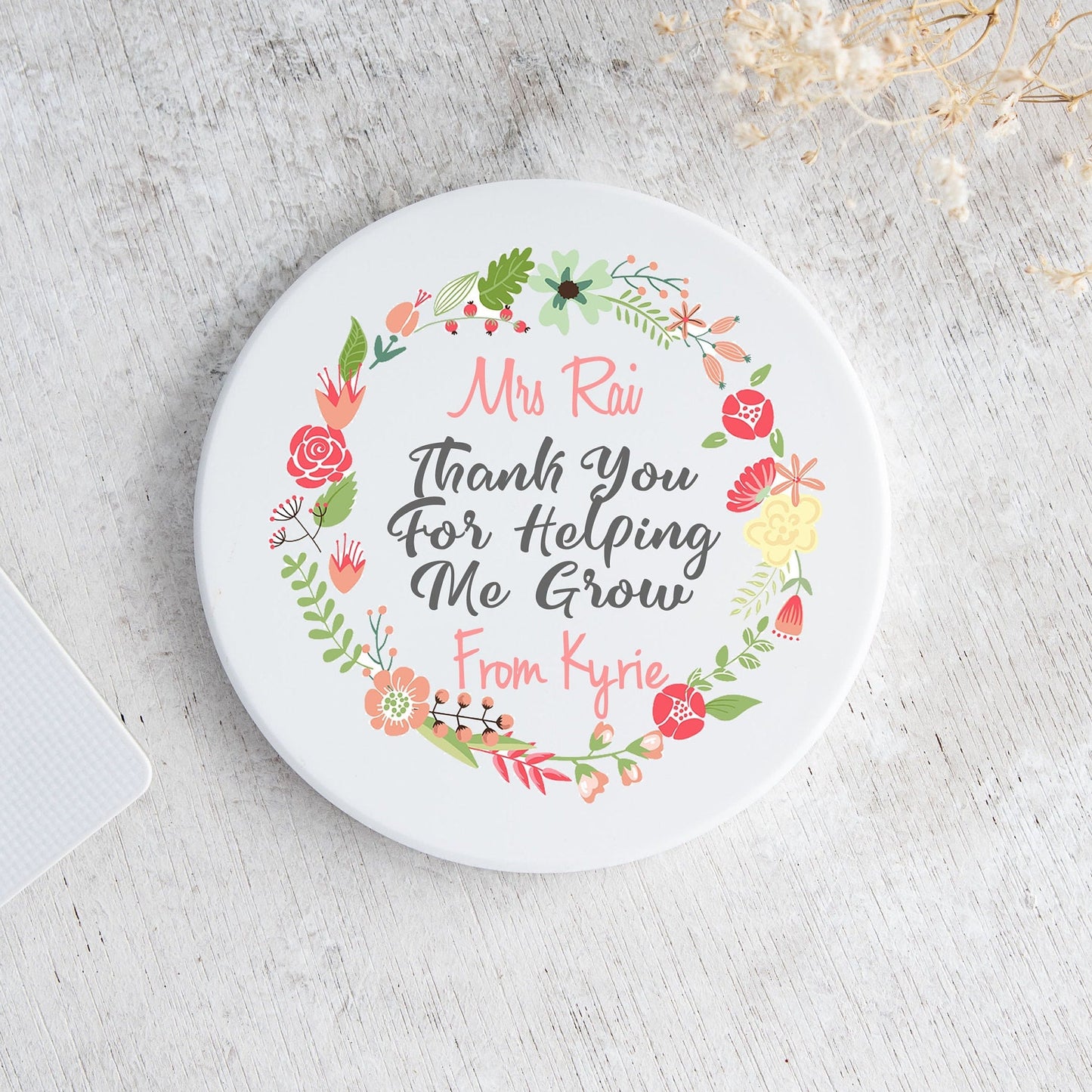 Personalised Thank You For Helping Me Grow Teacher TA Ceramic Coaster