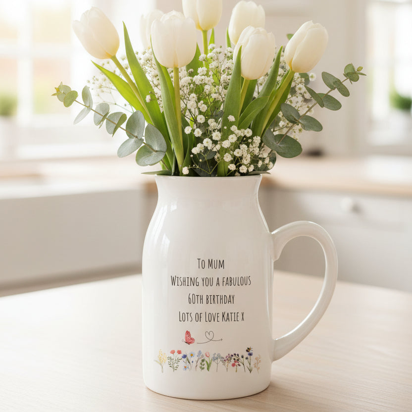 Personalised ceramic jug with floral illustrations and custom birthday message