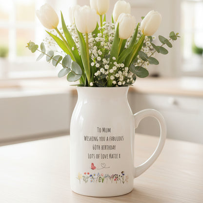 Personalised ceramic jug with floral illustrations and custom birthday message
